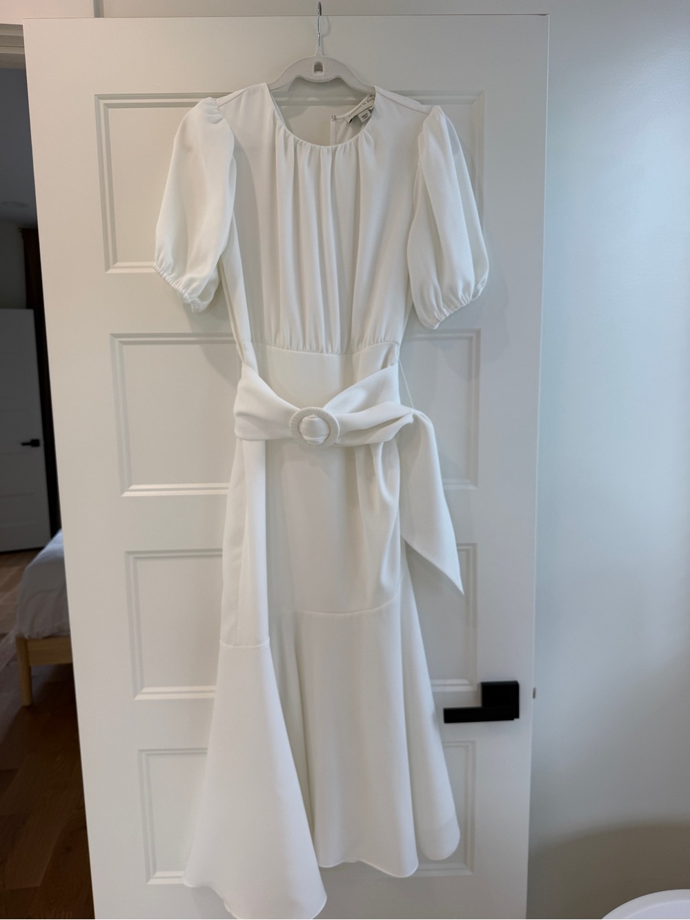 Sachin + Babi White Puff-Sleeve Midi Dress with Waist Tie